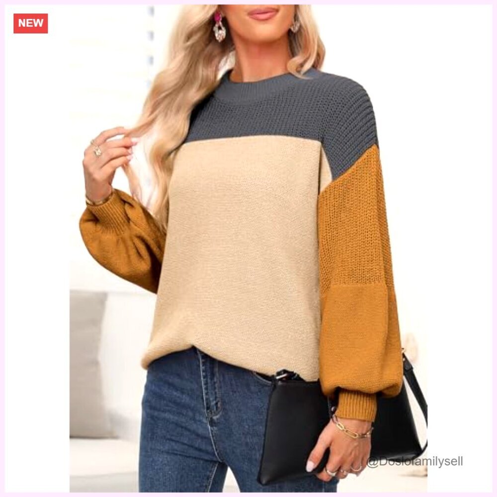 Women's Long Sleeve Crewneck Pullover Sweater, Loose Fit Knit Top - Picture 3 of 7